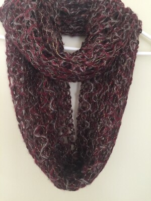 Modena style loop net knited scarf Roseberry/grey/gold 72''(36''x2) L 24'' W