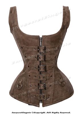 24 Double Steel Boned Waist Training Buffalo Crunch Leather Overbust Corset 8720