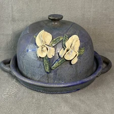 Stoneware Covered Dish Dome Cloche Hand thrown Iris Flower VTG Signed S. Adam’s