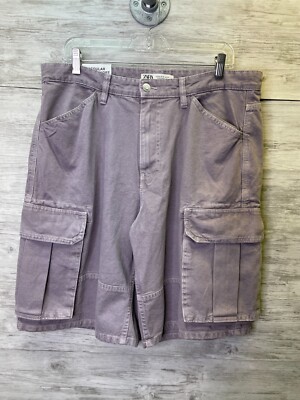 Zara Mens Cargo Shorts 36 Gray Denim Straight Leg Mid Rise Cotton