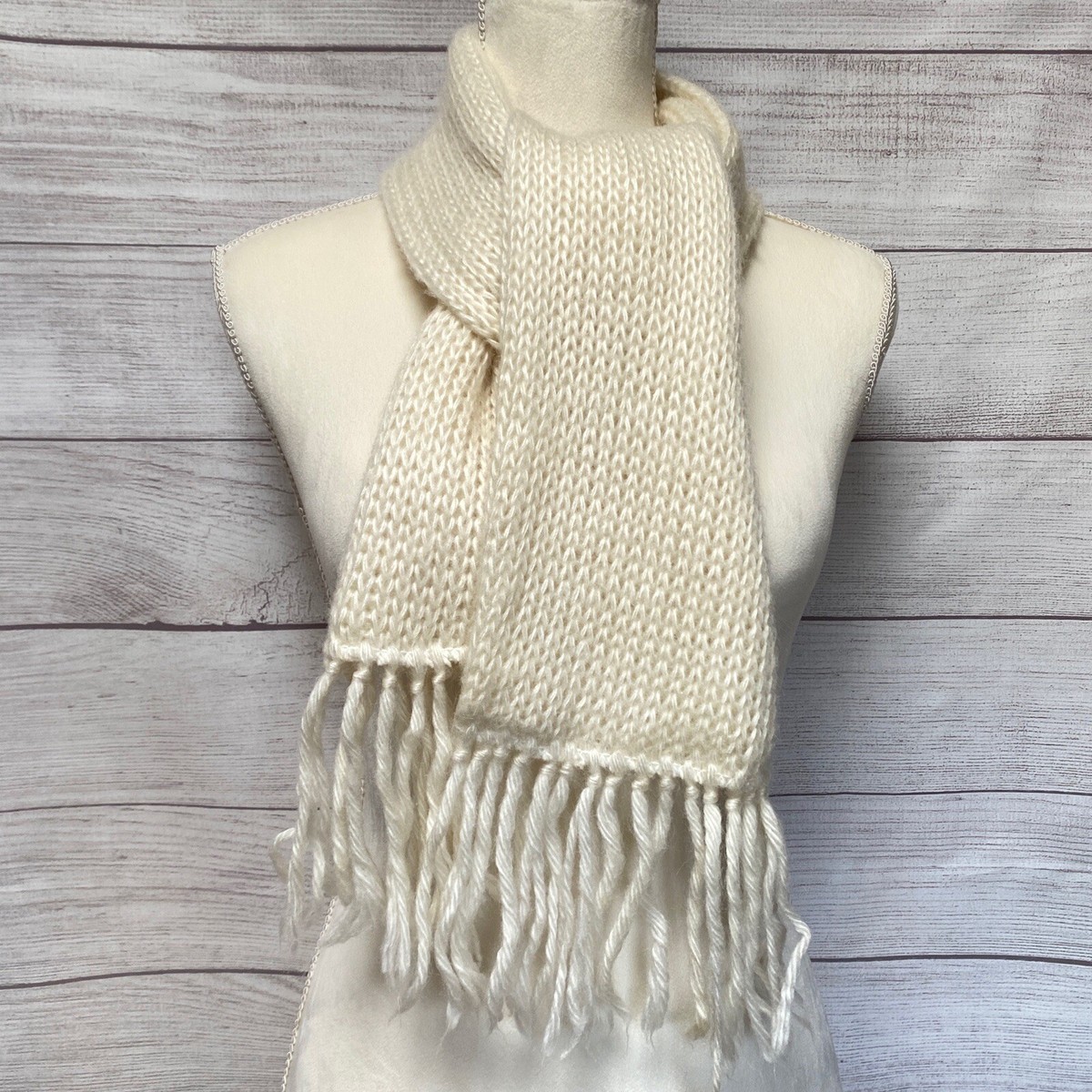 Vintage 80s Wool Blend Beige Knit Ski Scarf Fringe Paris