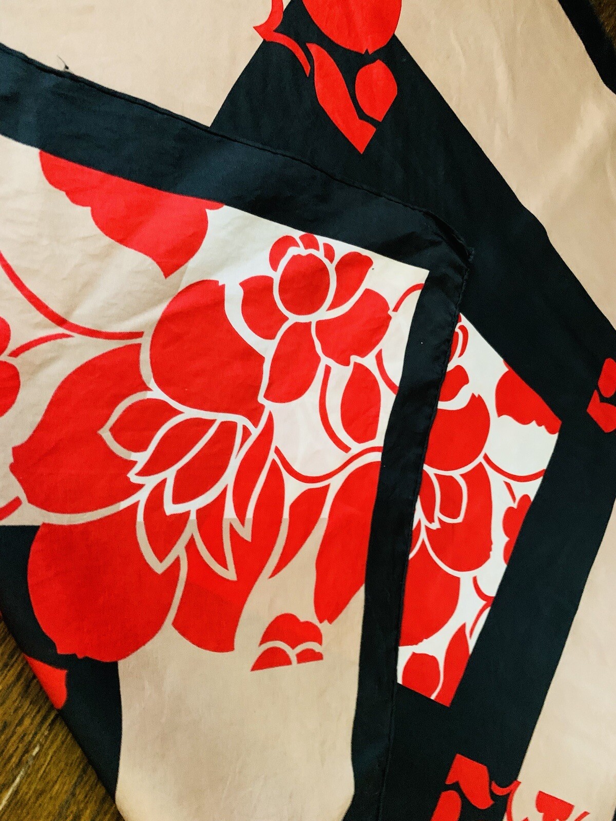 RARE Vintage JoAnn Wild Silk Scarf Red Floral Design Hand Rolled 30x30” Japan