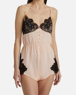 Fleur Du Mal Women's Pink Silk Lace Appliqué Teddy Bodysuit Size M