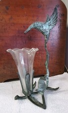 Ancienne sculpture colibri en laiton avec vase tulipe en verre fleurs rares 