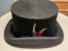 Men’s Traditional Black 100% Wool Felt Top Hat Handmade Stiff Shell with Feather