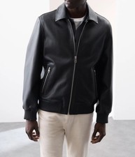 Black Spread Collar Racer Motorcycle Biker Real Leather Jacket For Men