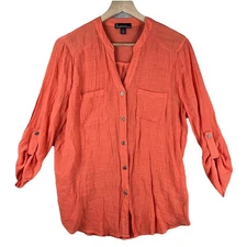 Signature Studio Women’s L Button Up Shirt Pink Top Pockets Casual Lightweight