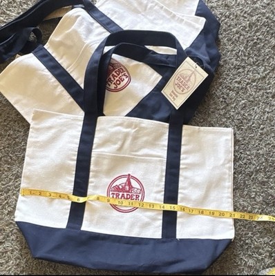 Trader Joe's Canvas Reusable Shopping Bag Large Foldable Beige Navy Blue