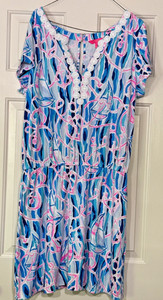 Lilly Pulitzer SS Romper shorts shirt Pink Anchors blue/white White trim lace XL