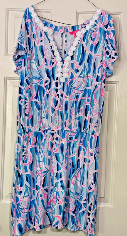 Lilly Pulitzer SS Romper shorts shirt Pink Anchors blue/white White trim lace XL