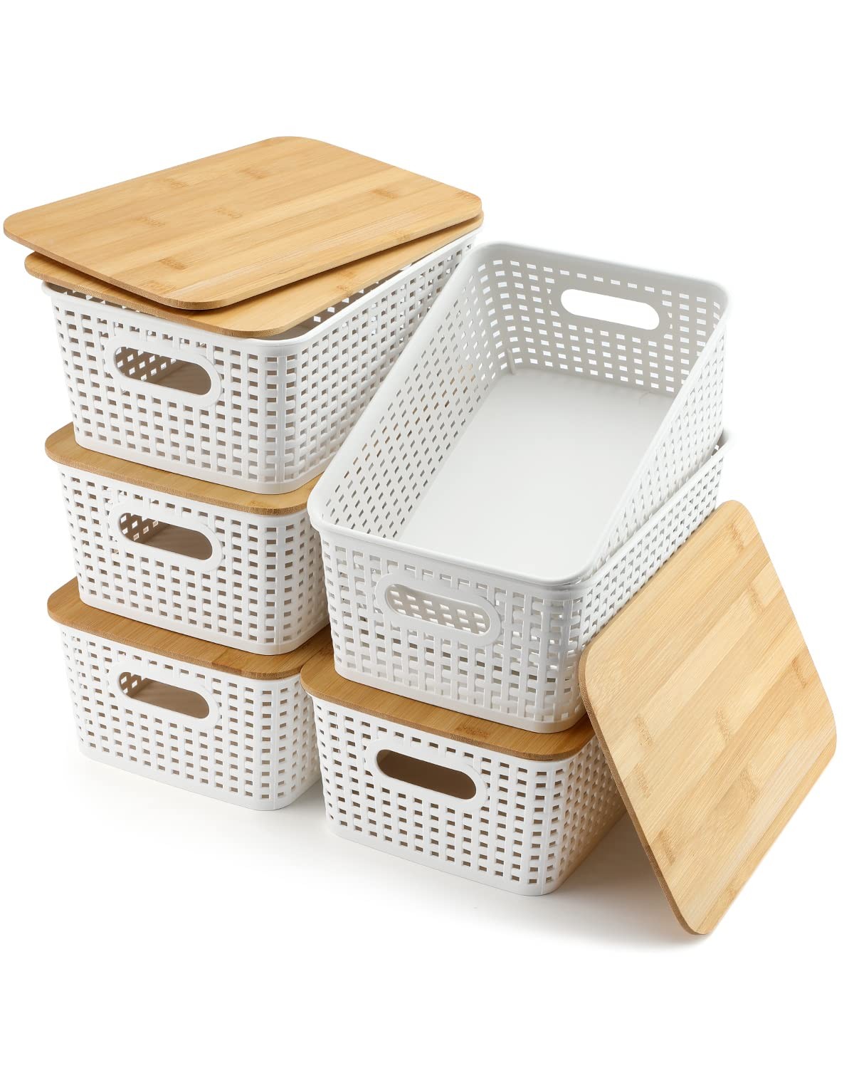 6-Piece Bamboo-Lidded Plastic Storage Bins Set – Organizing Baskets