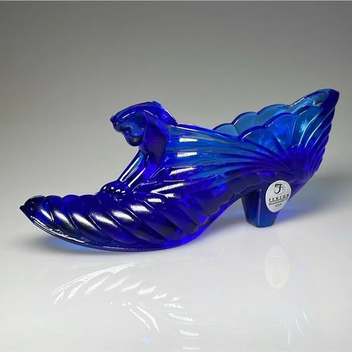 Vintage Fenton Glass Cat Head Draped Cobalt Blue Shoe Slipper 1980s