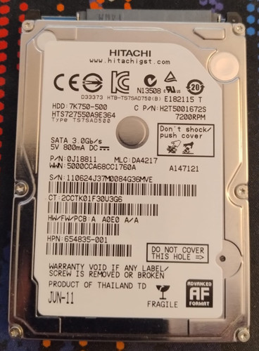 500GB SATA Festplatte - 7200RPM, 2,5" - Hitachi HTS727550A9E364
