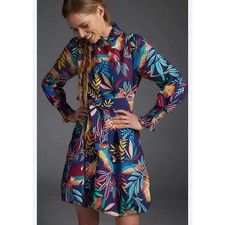 Farm Rio Anthropology Aves Mini Dress XXS Blue Motif Long Smocked Sleeve Parrots