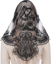 Church Veils for Women Catholic, Blessed Virgin Mary Embroidered Lace Mantilla C