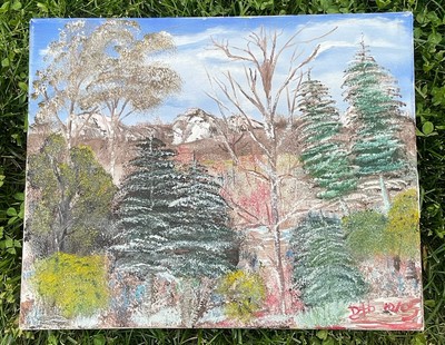 Nature Forest Landscape Pine Trees, River & Mountain Oil Painting Canvas