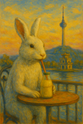 Seoul Korean Rabbit Banana Milk Kunstdruck - N Seoul Tower Sunset Café Szene - Wh