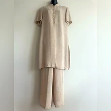 Vintage 90s Donna Ricco Two Piece Set Beige Textured Tunic Top Pants Size 12