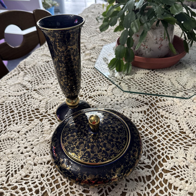 Vintage German Echt Kobalt 8.5  Vase & 7  Diameter Candy Dish Gold Rimmed