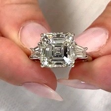 5.10Ctw Asscher Cut Moissanite Three Stone Engagement Ring Solid 9K White Gold