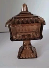 Vintage Jeanette Glass Brown "Wedding Cake Box" Pedestal With Lid 6.5”