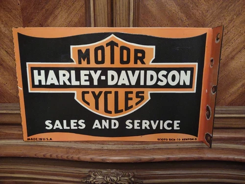 Vintage Harley Davidson Motorcycle Dealer Porcelain Metal Flange Sign 2 Sided
