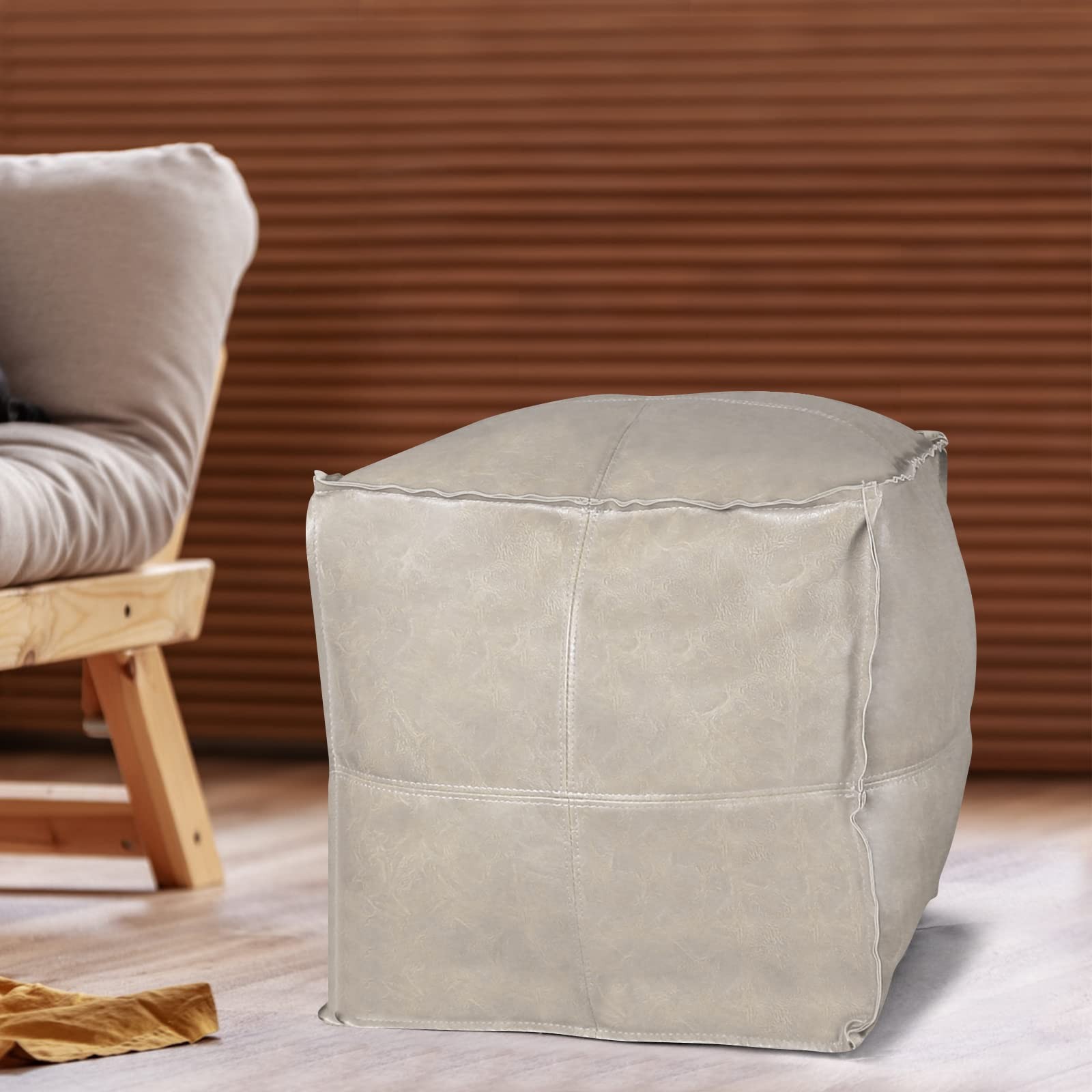 17.7" Leather Pouf Ottoman Cover, Handmade Faux PU Footstool, Grey-White