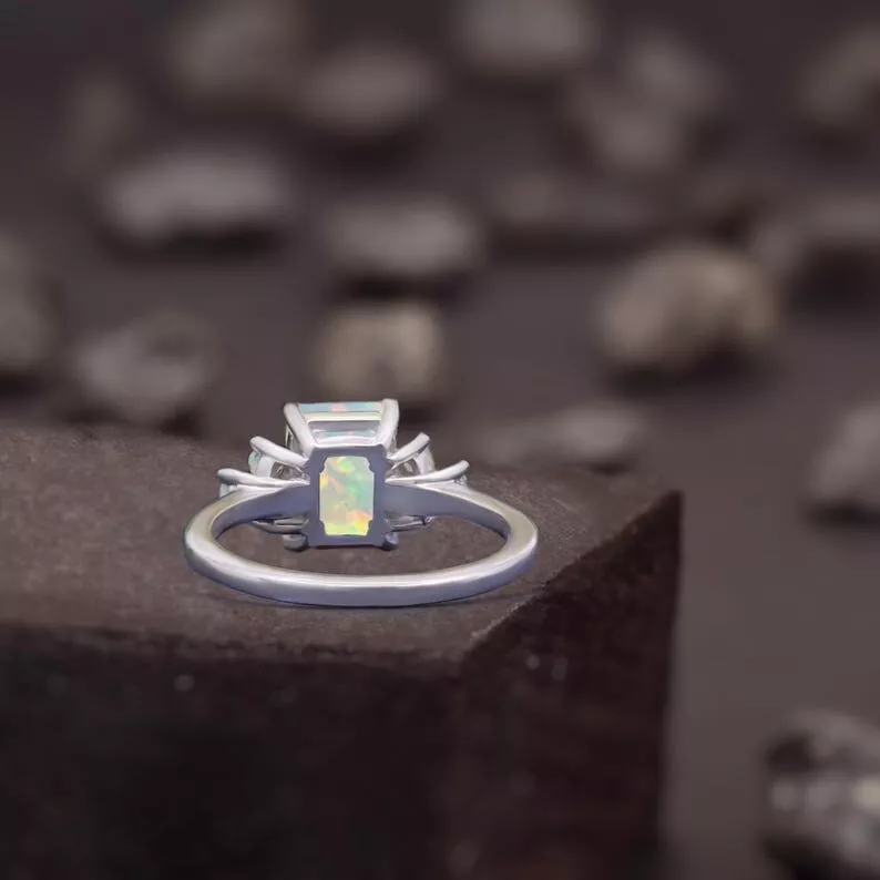 Anel de noivado vintage de prata folheado a ouro 14K opala australiana natural esmeralda - Imagem 3 de 3