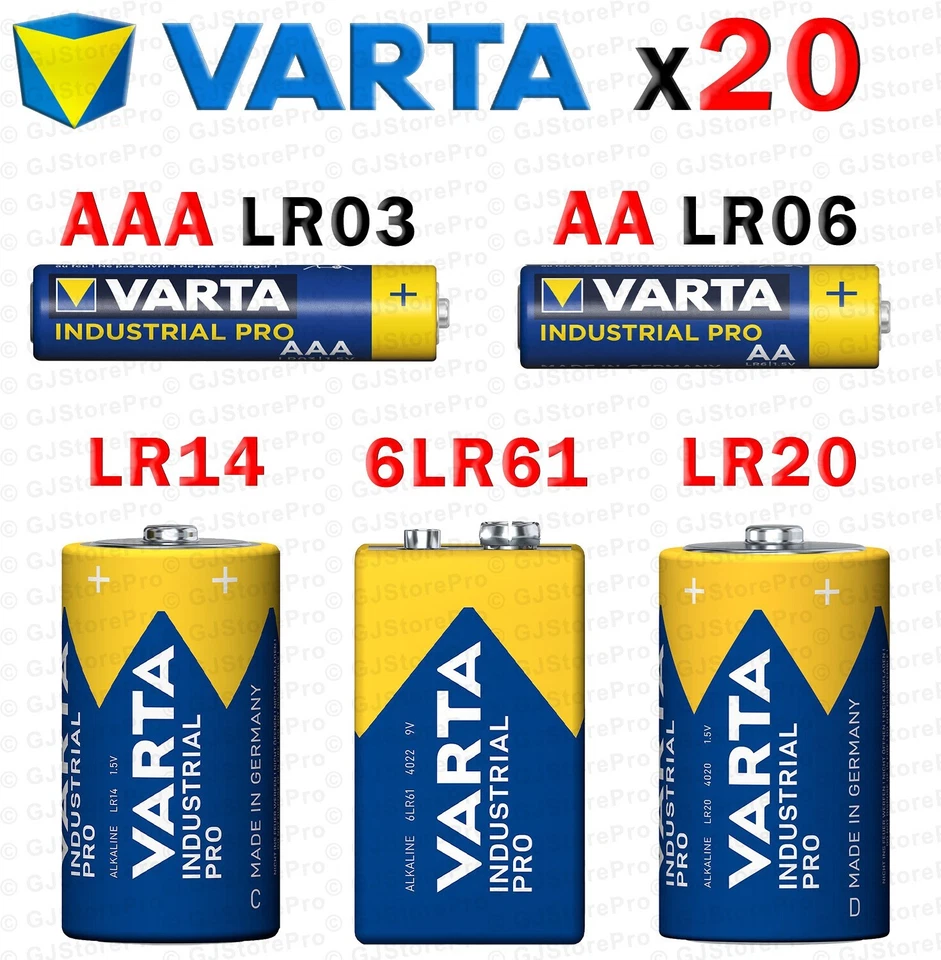 20 Piles LR03 AAA - LR6 AA - 6LR61 - LR14 C - LR20 D - VARTA Pïle Industrial Pro