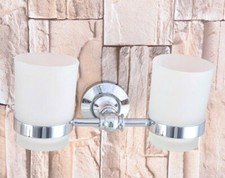 Polished Chrome Brass Wall Mount Bathroom Toothbrush Holder Dual Glass Cups
