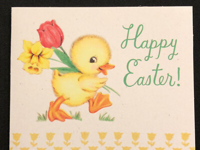 Easter Card Vintage Image Yellow Chick Glittered Tulips Hallmark ~ Unused