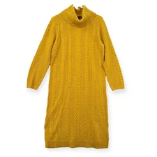 Ann Taylor Sweater Dress Womens Medium Mustard Cable Knit Cowl Neck NEW