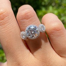 9 mm Round Cut Moissanite Three Stone Engagement Ring 14k White Gold Plated
