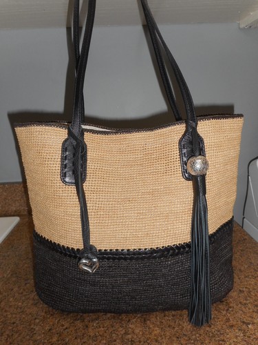 New BRIGHTON Madagascar Palma Large Black/Natural Raffia Straw Tote