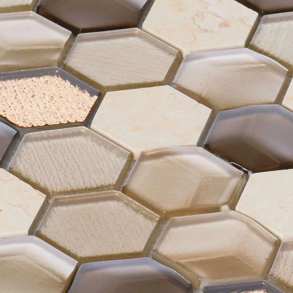 Salpicadero hexagonal beige metálico 3D vidrio mármol piedra mosaico azulejo cocina baño Foto 4 de 4