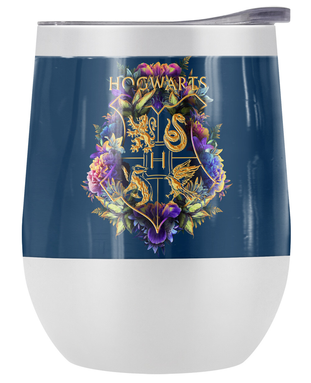 HP Hogwarts Colored Floral 12oz Wine Tumbler White Insulated Leak Resistant
