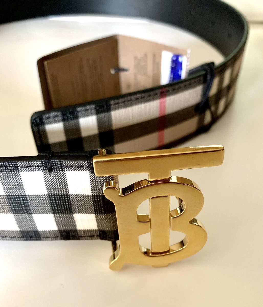 Shop Burberry Monogram TB Buckle Plaid Belt