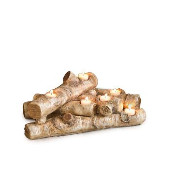 Plow & Hearth Faux Wood Resin Logs Tea Lights Candle Holder, Birch
