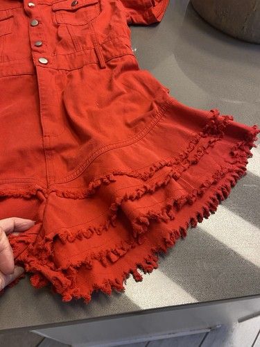EB Luxe Los Angeles Jumpsuit Strampler Daisy Duke Shorts Rot Denim Größe L - Bild 3 von 11