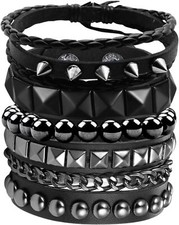 4 Pcs Punk Rock Leather Studded Bracelets for Men Women 80S Gothic Spike Cuff Br