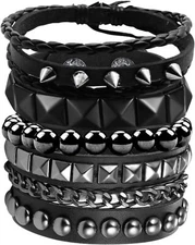 4 Pcs Punk Rock Leather Studded Bracelets for Men Women 80S Gothic Spike Cuff Br