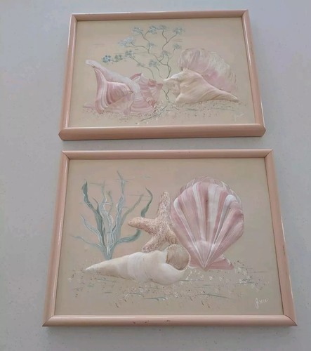 Pair of Vintage Florida 12 X 16 Pastel Pink Seashell 3 Dimensional Oil Paintings
