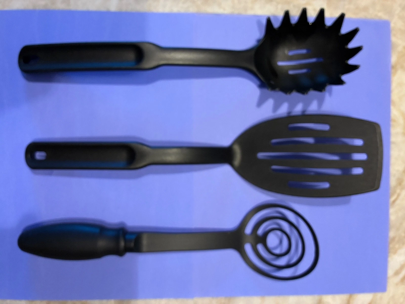 Pampered Chef Black Nylon Utensils Set Of 3 Spatula, Spaghetti,Fork, Gravy Whisk