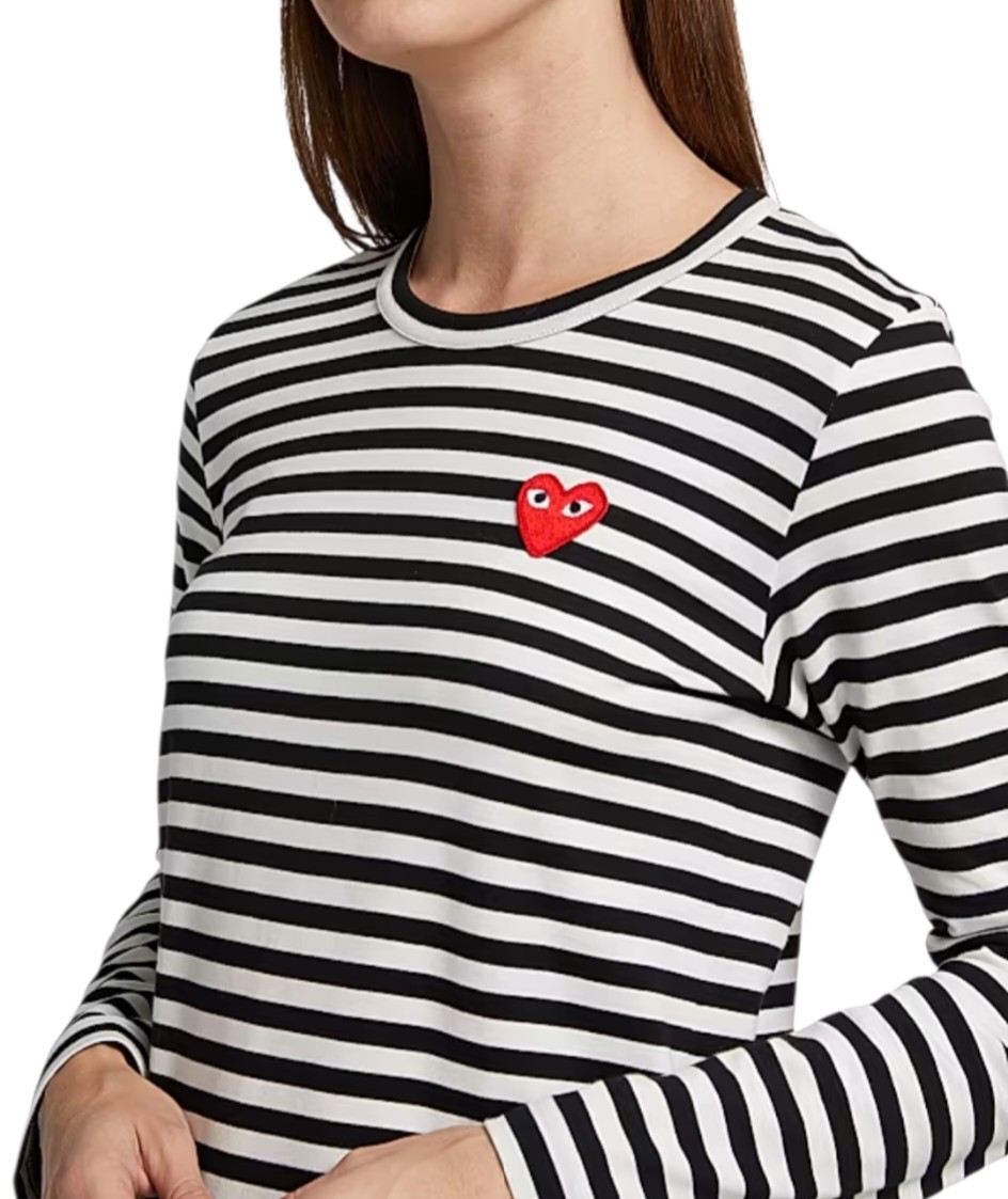 COMME DES GARCONS PLAY Signature Embroidered Heart Striped Long Sleeve Women’s S