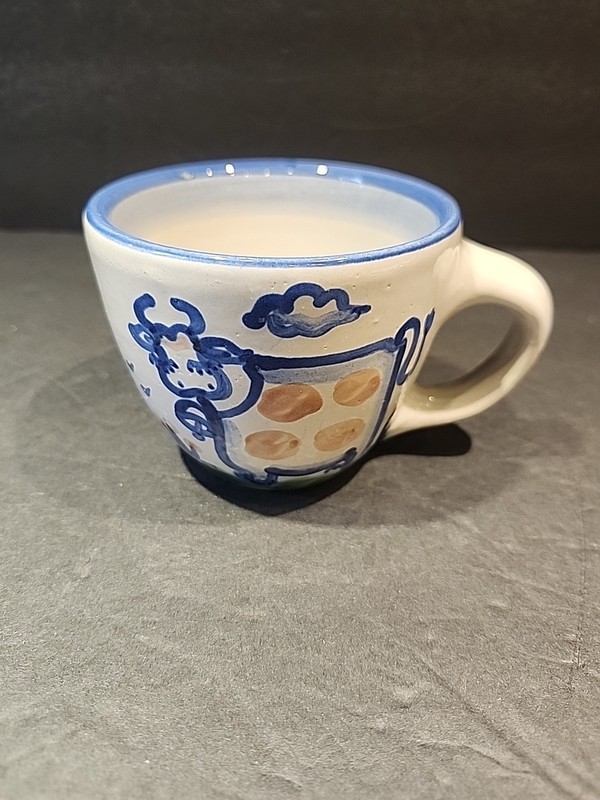 M.A. Hadley Hand Painted Art Pottery "The End" Mug Cup 3" Tall - COW