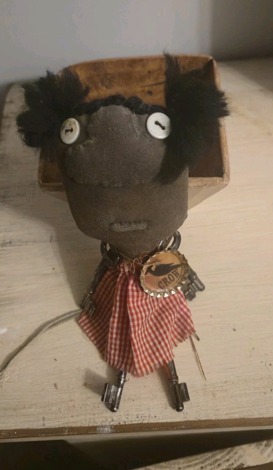Primitive Folk Art Doll CAW Tag CROW Key Limbs Creepy Goth Haunted Vintage Decor