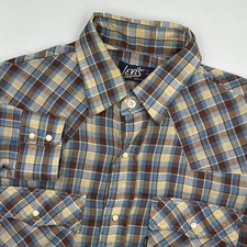 Levis Western Shirt Blue Mens Medium Plaid Pearl Snap Vintage EUC 1980's