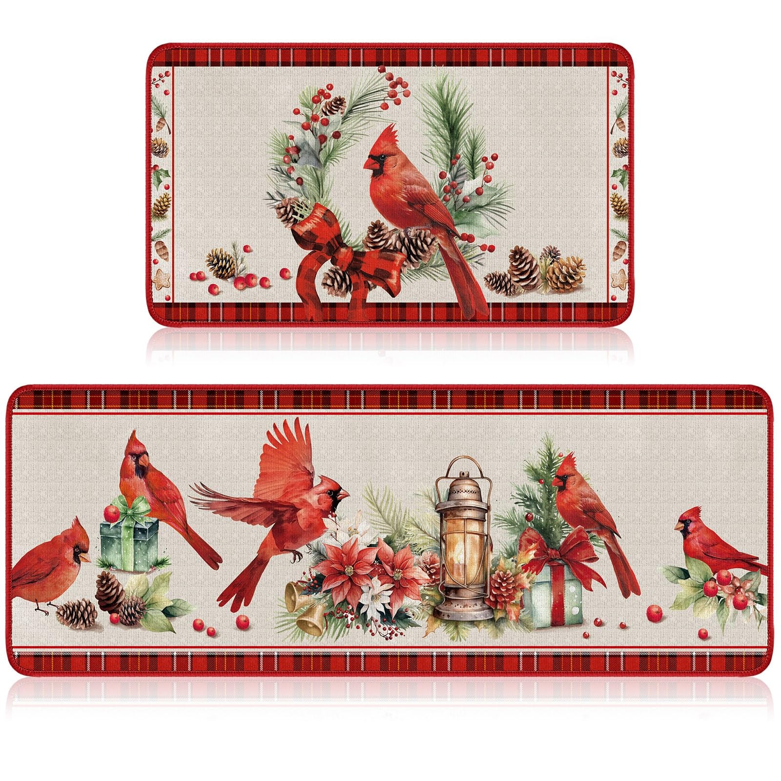 2 Pcs Cardinal Kitchen Rugs and Mats Set 17"x30" 17"x47" Red