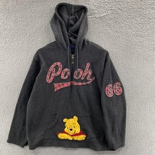 VINTAGE Disney Winnie the Pooh Hoodie Women XL Gray Fleece Half Zip Y2K Graphic