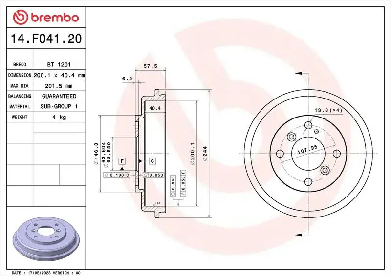 Brake drum 14.F041.20 BREMBO for FORD FIESTA VI FIESTA VI Van